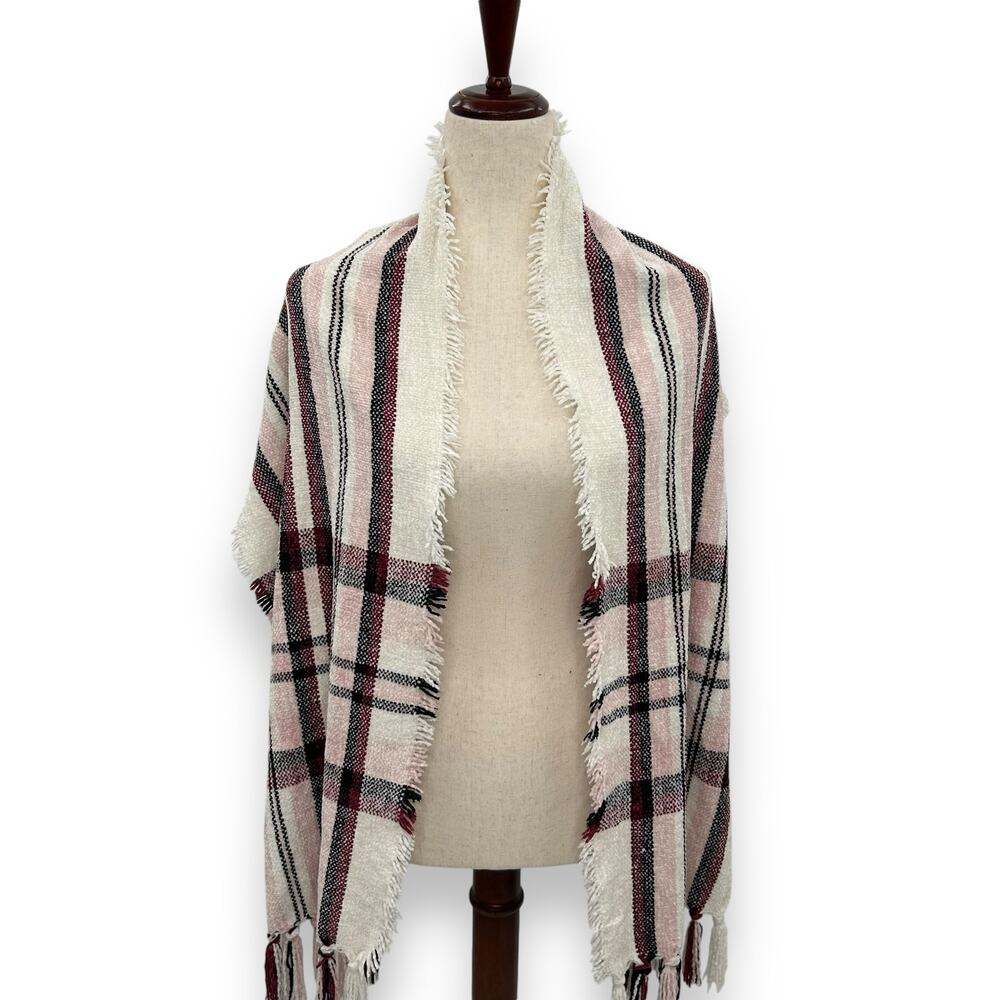 NEW Style & Co Chenille Plaid Fringe Trim Scarf Macys Pink White Tartan coquette - Picture 7 of 8